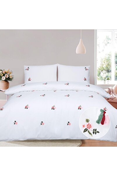 Generic Chlophy Pink Floral Duvet Cover Set Double Bed White Embroidered Flow...