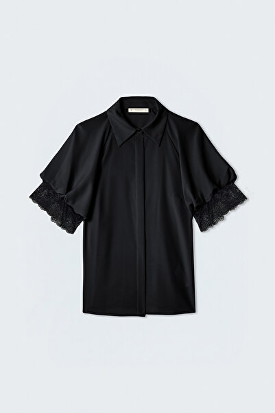 Sateen Short Sleeve Lace Detailed Shirt - Black