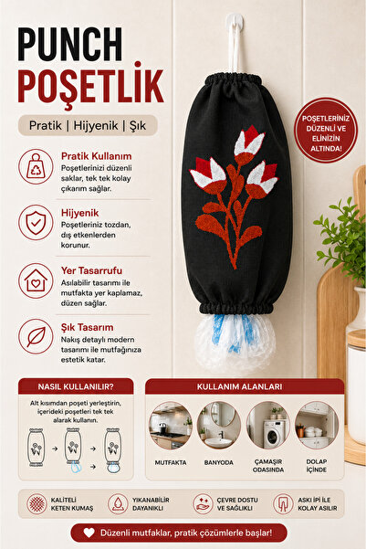SEVMİŞ HOME Poşetlik Punch Nakışlı Keten Askılı Mutfak Poşet Düzenleyici Orga...