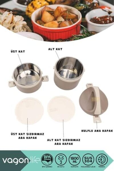 Yıldızan avenika store 1800ml Lunchbox 2 Katlı 4-6 Saat Sıcak/Soğuk Termos Öz...
