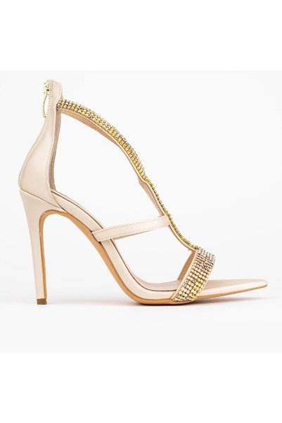 BONO Women's Beige Nude Gold Stone Striped T-Strap Pointed Toe Thin High Heel...