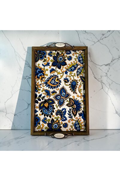 PorcelainAtelier El Yapımı Kütahya Çini Desenli Ahşap & Seramik Tepsi 42x28 c...