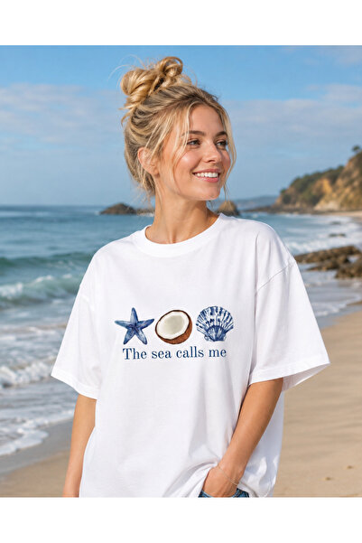 cc collection Women's White Sea-Themed the Sea Calls Me Printed Oversize T-Shirt