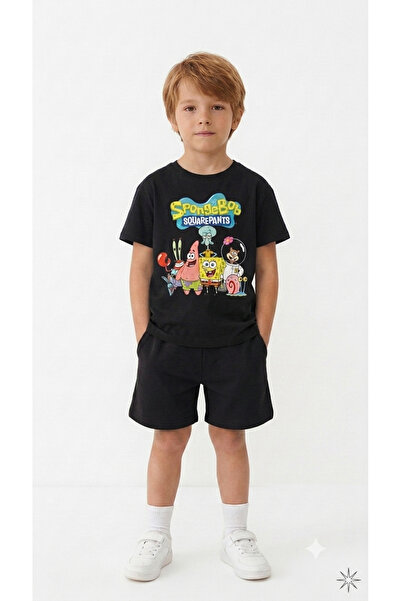 LİTTLE TORTOİSE Boys' Spongebob Printed Crew Neck T-Shirt - Shorts Set
