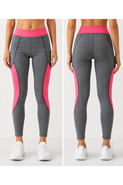 Melek Moda Kadın %100 Pamuk Yüksek Bel Spor Takım - Gri Fuşya Tayt & Üst Antr...