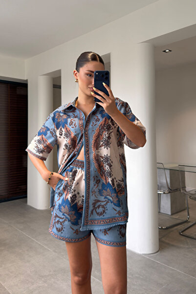 MAGARDE Linen Patterned Shorts and Shirt Set - Dark Blue