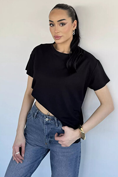 Aryena Black Women's Crew Neck Laser Cut T-Shirt