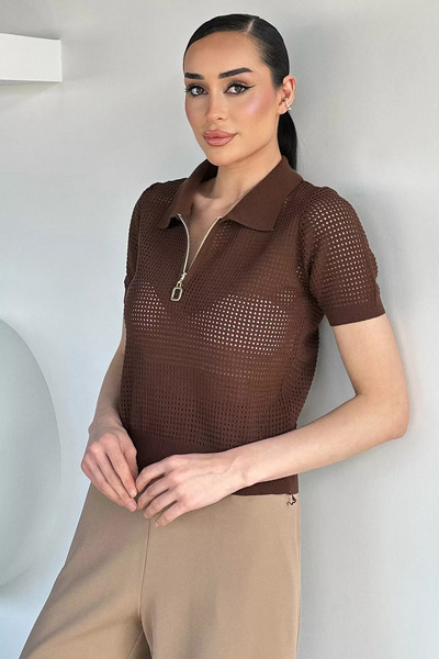 Aryena Coffee Gülseli Women's Polo Collar Half-Zip Knitwear Blouse