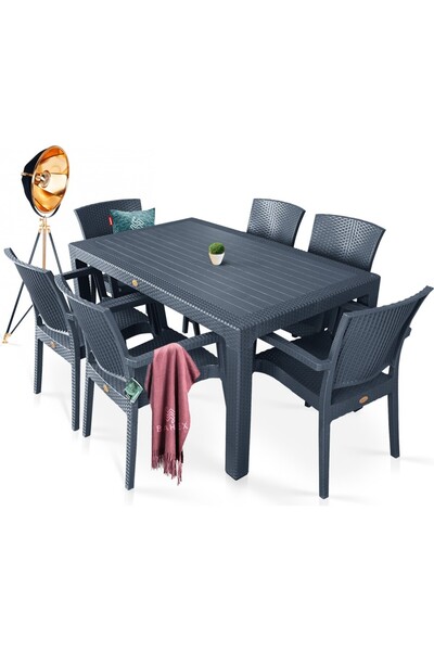 NOBLE DESİNG Rattan Masa Takımı 80 x 140 Camsız Masa 6 Kişilik Sandalye Seti ...