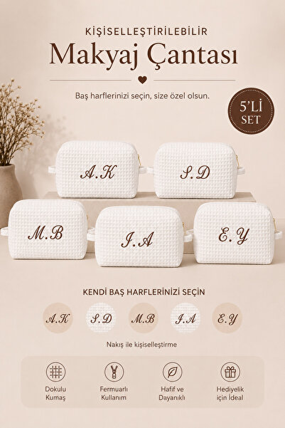 Beige & Stone Beyaz Kişiye Özel Harf Nakışlı 5'li Pamuklu Hediyelik Kadın Mak...