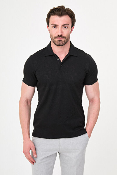 Mcr Patterned Slim Fit Polo Collar Short Sleeve Men's T-Shirt Black - 36892.26Y