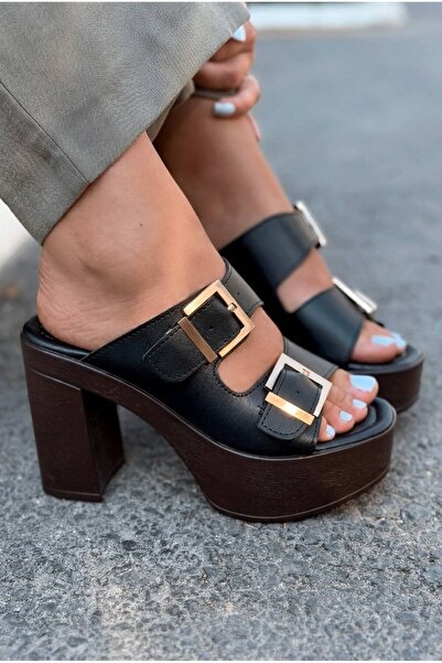 I Love Shoes Draven Black Matte Leather Women's Platform Heeled Slippers