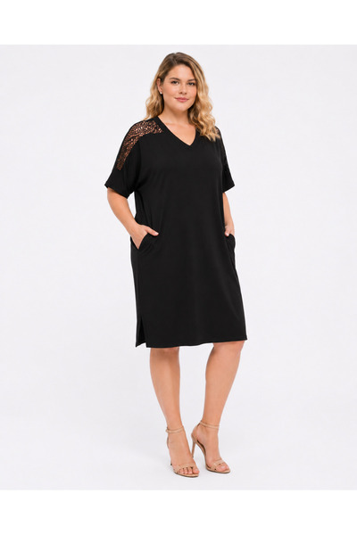 Şans Women's Plus Size Black, Shoulder Lace Detailed, Pocketed Viscose Dress ...