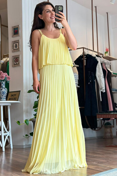 Unique Boutique Yellow Thin Strap Pleated Chiffon Dress