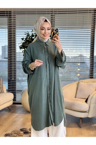 ALANURMODA 7495 tencel long tunic with fringe detail on the front and sleeves...