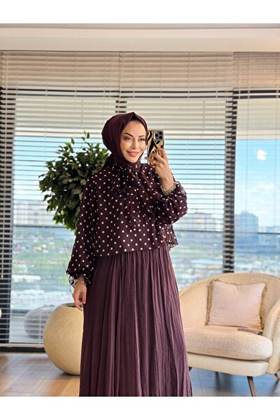 ALANURMODA 3403 Collar Tie Detail Polka Dot Blouse Burgundy