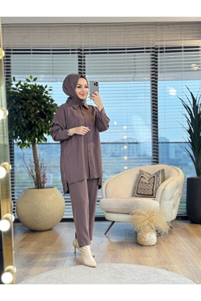 Ceremony W5940 Gömlek Arkası Kırışık Tencel Takım Kahve