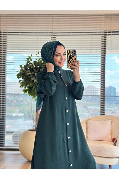 Taşpınar 26640 بدلة تونيك طويلة بأزرار معدنية أمامية باللون الزمردي
