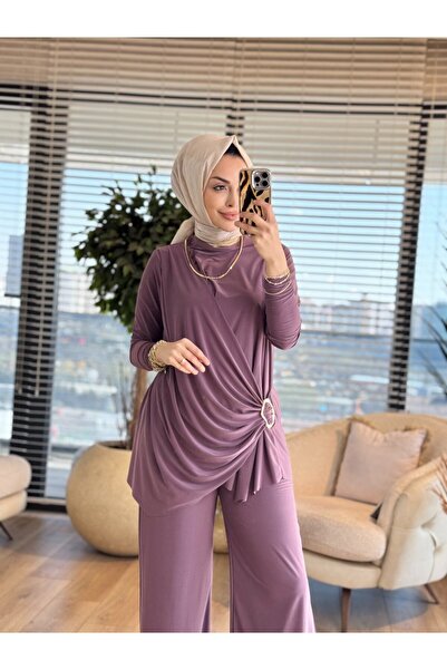 Afili 4225 طقم بنطلون بحزام جانبي ورباط باللون الوردي
