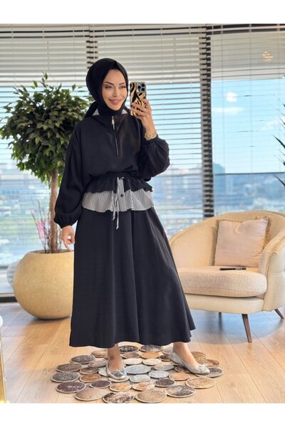 ALANURMODA 32482 طقم تنورة بخطاف وياقة وحزام أسود