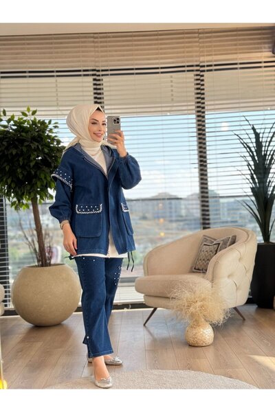 ALANURMODA 7210 سترة من الدنيم مزينة باللؤلؤ باللون الأزرق الداكن