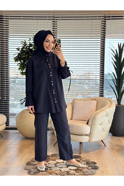 ALANURMODA 22678 Metal Button Suit with Lace-Up Sleeves, Navy Blue