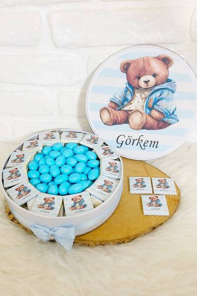 Sweet Story 150 Adet+200 Gr Drajeli Mavi Çizgili Ayıcık Temalı İsme Özel Hoşg...