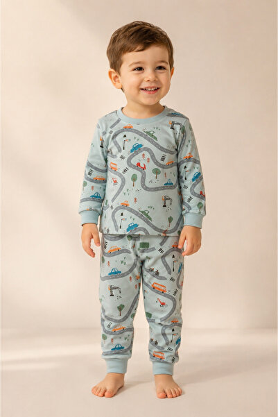 Erkek Çocuk Araba ve Yol Desenli Rahat Kalıp Pamuklu Pijama Takımı