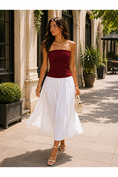 DEEP FAIR Women's Burgundy Strapless White Skirt Detailed Midi Dress Cm26El00333