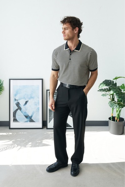duo fideles Men's Collared Striped T-Shirt