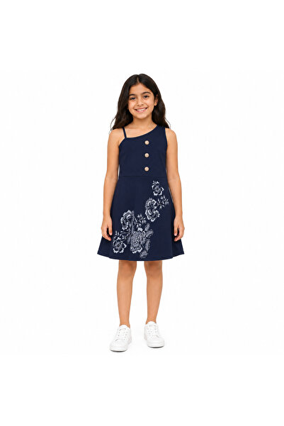 Generic Girls' Navy Blue One Shoulder Floral Pattern Dress 10Y