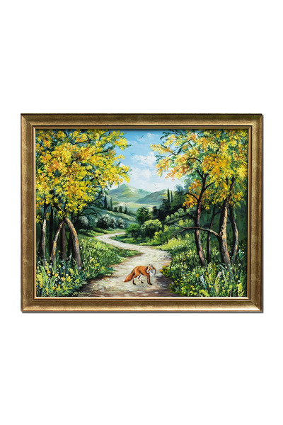 artnova Пейзажна картина с лисица, ръчно рисувана, в рамка, 55x45см, маслена ...