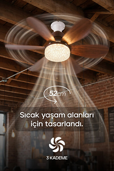 Feny F84 Tavan Vantilatörü LED Aydınlatmalı Kumandalı 3 Renk Sessiz 6 Kanatlı 3 Kademe Hız Ahşap Renk Fan