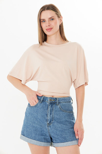 Tight Lady Ultra Soft Waist-Fitted Wide Sleeve Natural Viscose Beige Blouse