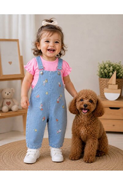 P&H BABYWEAR Floral Embroidered T-Shirt and Denim Salopet 2-Piece Baby Girl Set