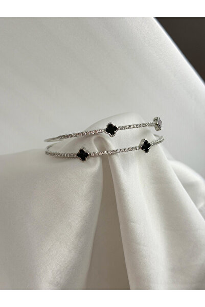 Goldensisters Jewelry Zirkon taşlı Siyah yonca kelepçe