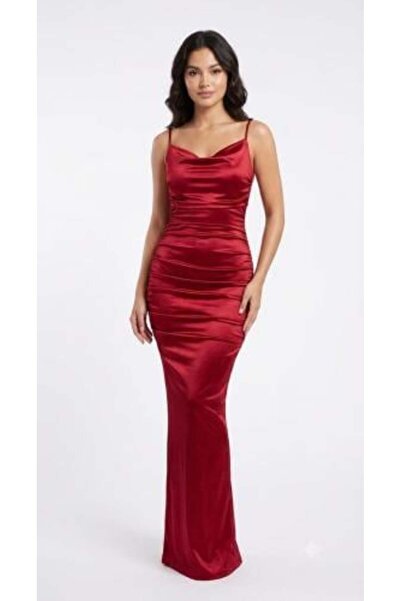 unbranded Women's Red Satin Evening Dress with Cowl Neck and Slim Maxi Fit
