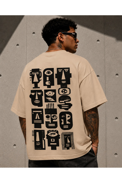 Nulivez Geometric Faces Printed Oversized Unisex T-Shirt – Modern Abstract Ar...
