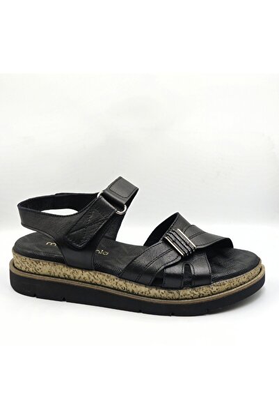 Mammamia D26Ys-2905 Black Genuine Leather Velcro Women's Daily Sandals