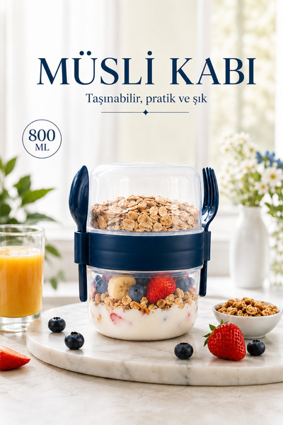 Sariva Home 800 ml Dual Compartment Yogurt and Muesli Container, Spoon and Fo...