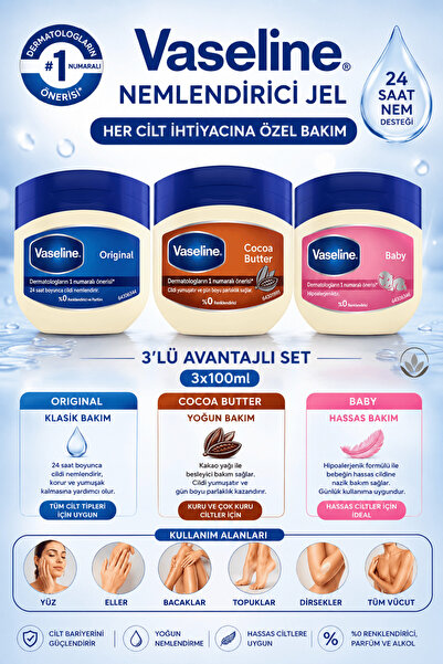 Vaseline Original + Cocoa Butter + Baby Nemlendirici Jel 100 ml x 3'lü Set | ...