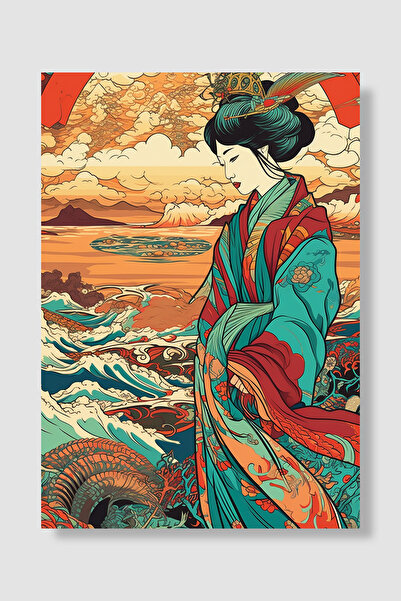 Luna Marissa Japanski gejša poster, okeanski talasi, zmaj, tirkizni kimono, z...