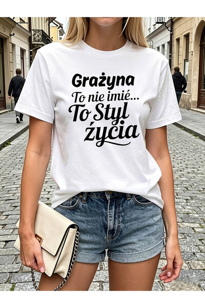Ekim11 تي شيرت نسائي مطبوع بتصميم حصري من Polish Grazyna، ياقة دائرية، نص مكت...