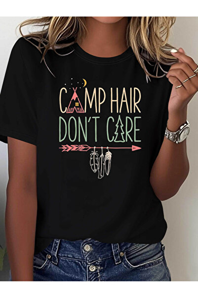STITCHLY قميص نسائي كاجوال للربيع والصيف |   طباعة رسومية لخيمة "Camp Hair Do...