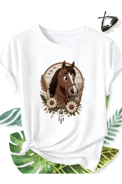 Ekim11 Cute Crop Top, Round Neck Spring Summer Women'S Clothing, Cartoon Hors...
