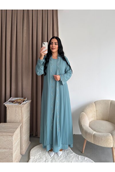 Missrosemoon Büyük Beden Tesettür 2’li Elbise Takım –Taş Detaylı Uzun Şifon v...