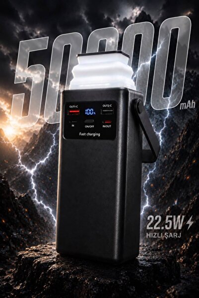 kawigo 50000mAh Powerbank Dahili Kablolu 22.5W Hızlı Şarj Taşınabilir Kamp Lambalı Powerbank LED Fener Type-C PD Power Bank Tüm Modellerle Uyumlu Powerbank