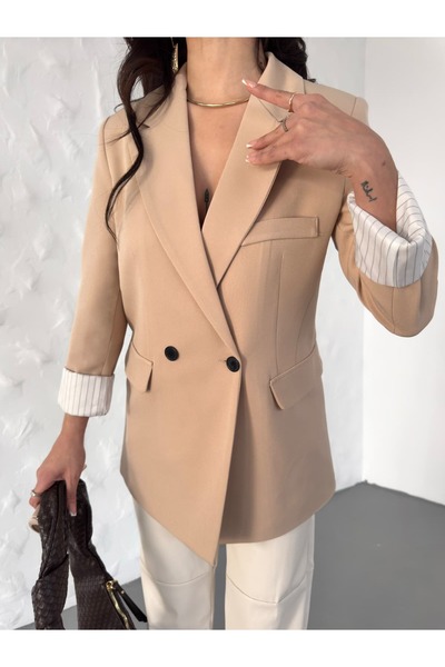 MYSUİT Blazer Ceket Kadın-Düğme Detay Çizgili İç Astar Blazer Ceket