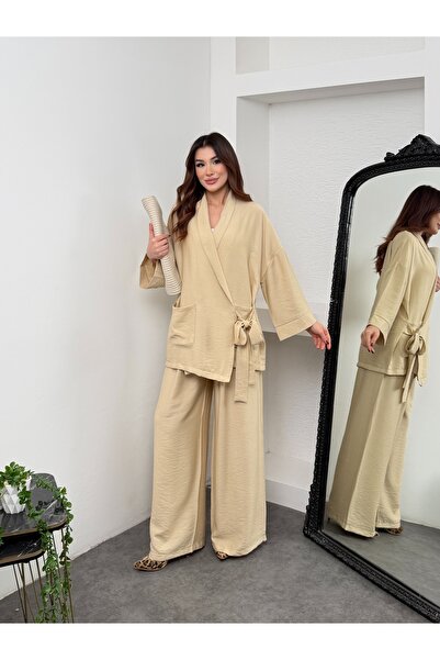 MiraMore Butik Women's Double-Breasted Tie-Waist Wide-Leg Pants Set with Pockets