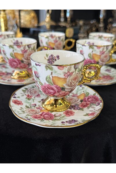 LOKMAN ZÜCCACİYE SHOWROOM 6-Piece Flowered Gilt Porcelain Cup Set with Stands...